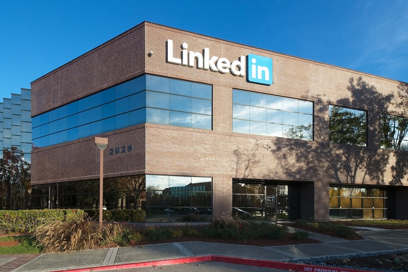 LinkedIn sign on the exterior of its Mountain View headquarters
